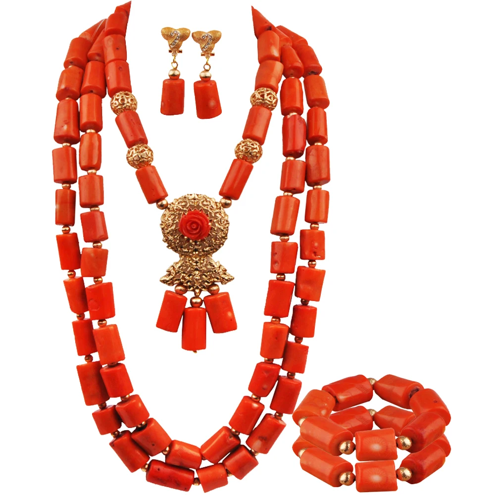 

Nigerian Wedding Bride Coral Jewelry Set Orange African Coral Necklace Earrings 2Bracelets Bridal Set 23-530CA