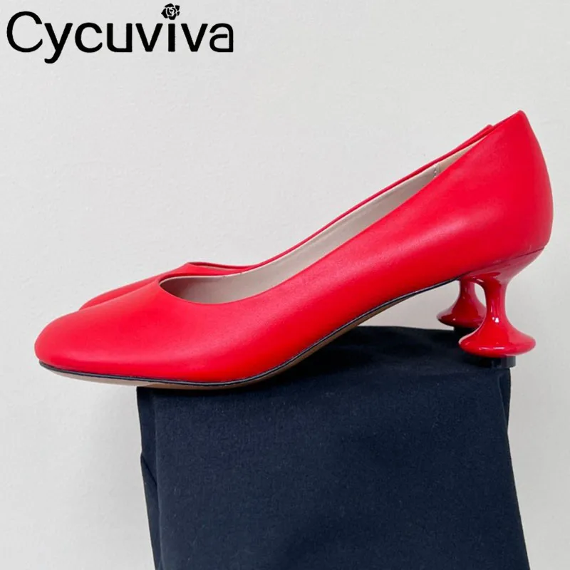 

New Real Leather Heeled Women Pumps Slip On Red High Heel Shoes Ladies Autumn Sexy Party Wedding Shoes For Women Designer Heels