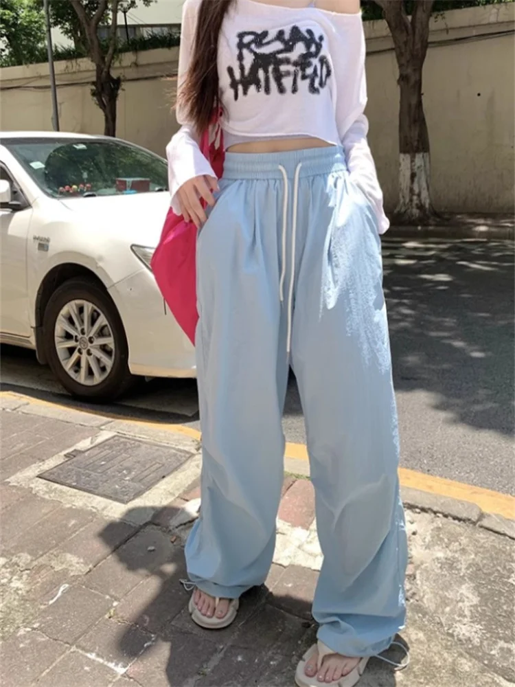 Deeptown Korean Style Blue Parachute Pants Women Y2K Drawstring Oversize Track Trousers Kpop Basic Quick Dry Wide Leg Sweatpants