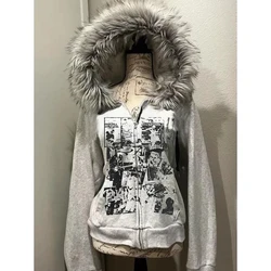 Vintage Women's White Print Hooded Tunic Sweatshirt - Streetwear Fashion Casual Hoodie Top - XXL (12050 White Gray)