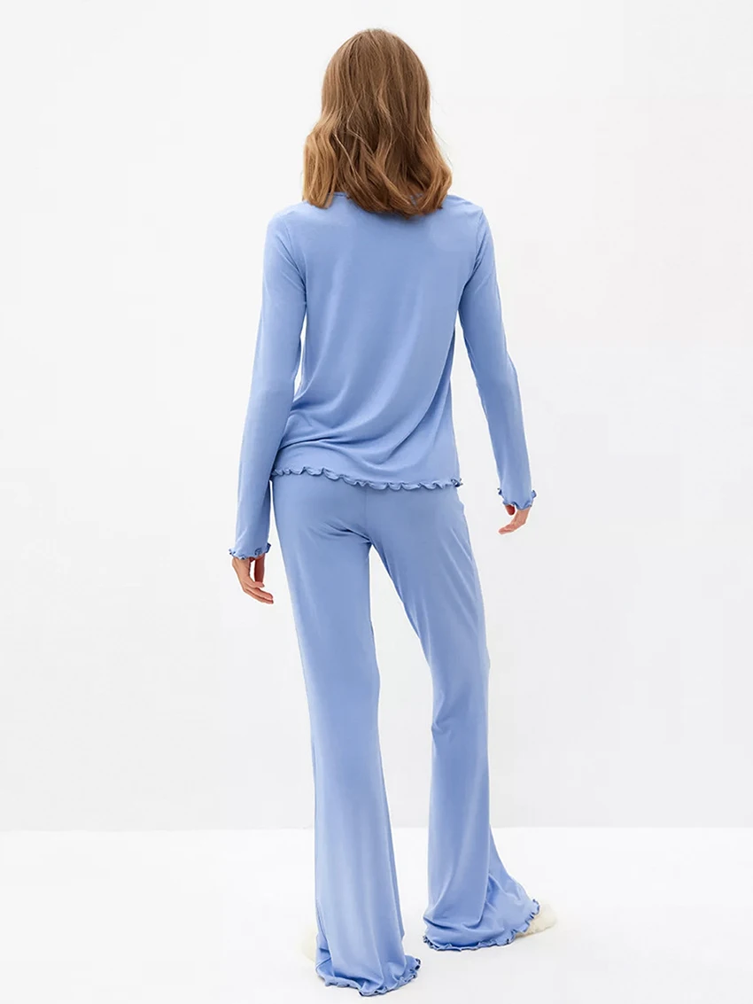 Marthaqiqi Casual Ladies Sleepwear 2 Piece Suit Sexy O-Neck Pajamas Long Sleeve Nightgowns Wide Leg Pants Home Clothes For Women