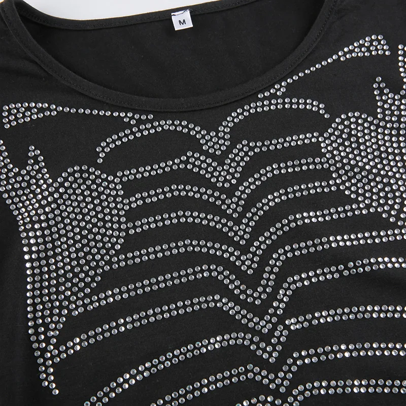 Rhinestone Skeleton Print T Shirts Gothic Clothing Grunge Cyber Y2k Clothes Sexy Black Long Sleeve O-neck Crop Top T-shirt Women