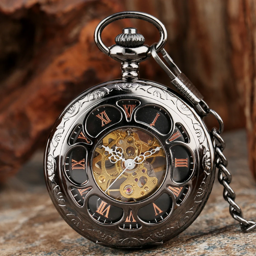 

Transparent Hollow Pumpkin Mechanical Men's Pocket Watch Roman Numerals Dial Stainless Steel Skeleton Hand Winding Pocket Clock