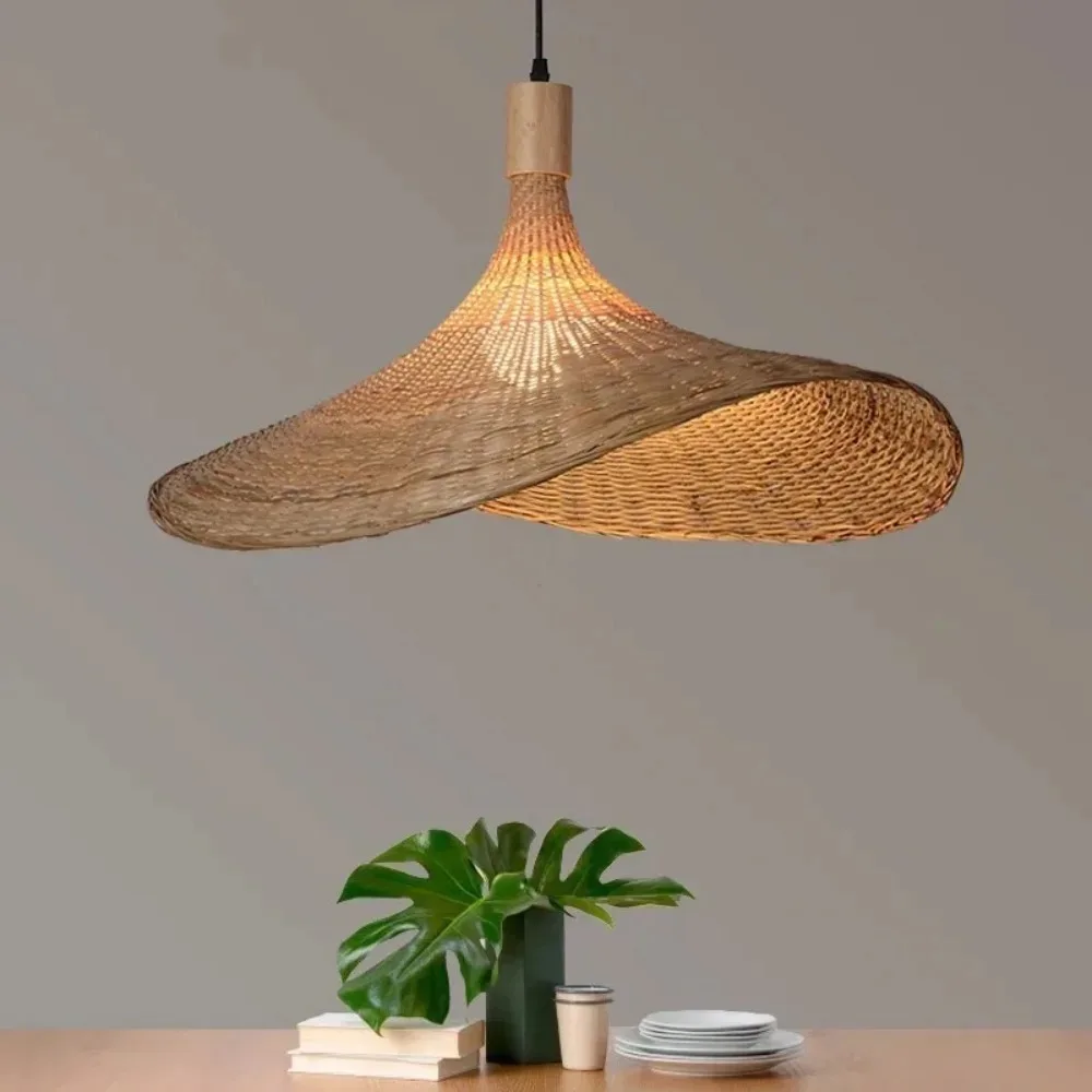 Dimmable Rattan Pendant Light, Plug in Bamboo Hanging Lamp with Hemp Rope, Basket Shade Ceiling Fixture
