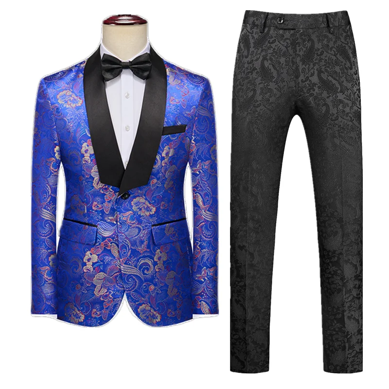 

Fashion Men Luxurious Jacquard Suit Blue / Yellow / Red Men's Business Social Wedding Prom Party Tuxedo Dress Blazer Jacket Pant