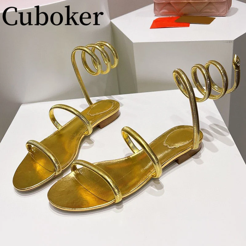 

Luxury Snake circle Narrow Women Sandals Design Flat Heel Plus Size Sandals Summer Hot Sale Ethnic Wedding Party Shoes 2023