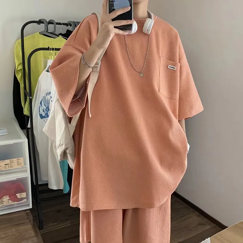 남성용 캐주얼 스포츠웨어 세트 여름 트렌디 브랜드 INS 홍콩 스타일 루즈핏..