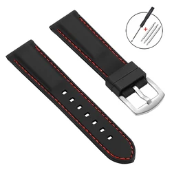 Soft Silicone Waterproof Sport Watch Strap - Versatile Rubber Wristband - 22mm (Black - Red)