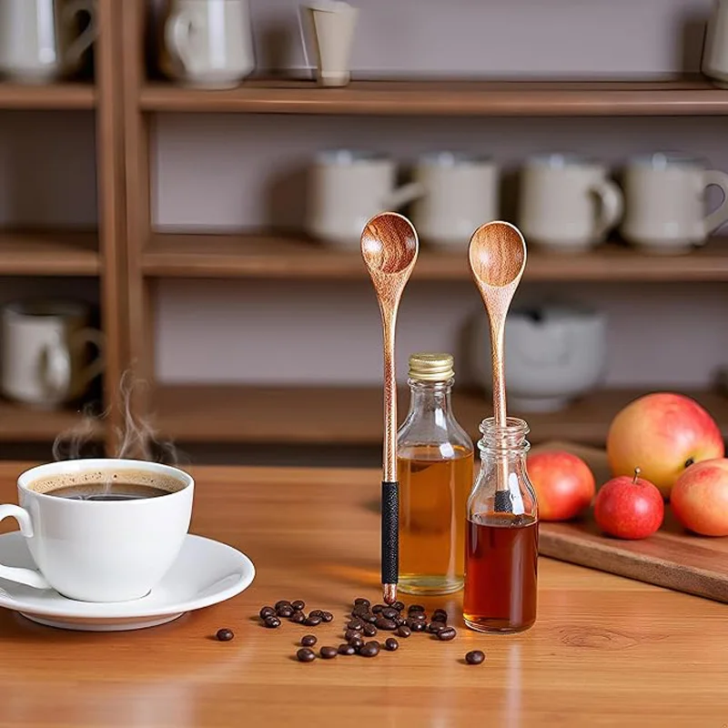 2Pc Wooden Tea Spoon Long Coffee Spoons Small Teaspoon Set Wood Multi-Purpose Stirring Wooden Long Handle Teaspoons Tableware