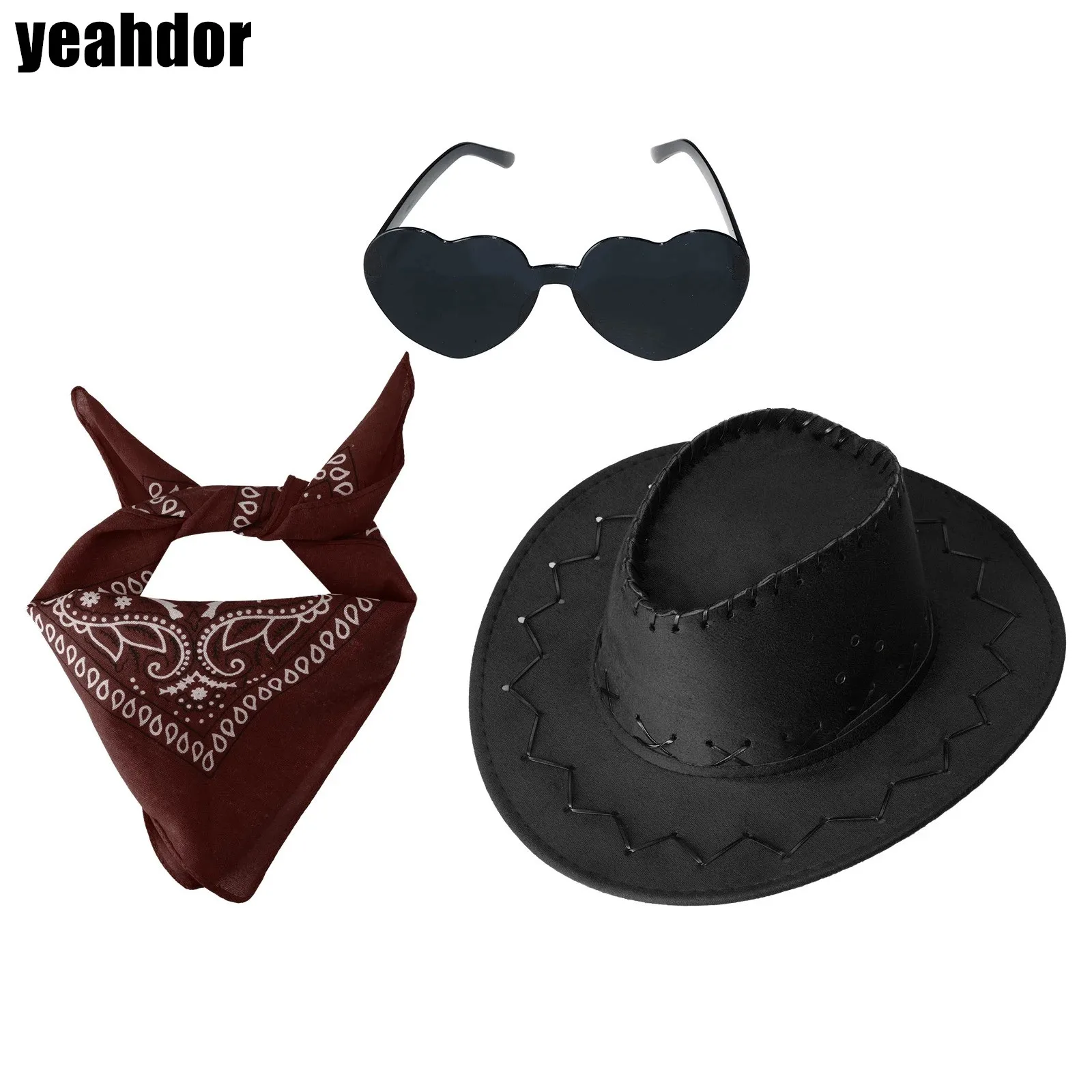 

Kids Western Cowboy Cowgirl Costume Accessory Drawstring Felt Hat Heart-shaped Lens Sunglass And Bandana for Halloween Cosplay