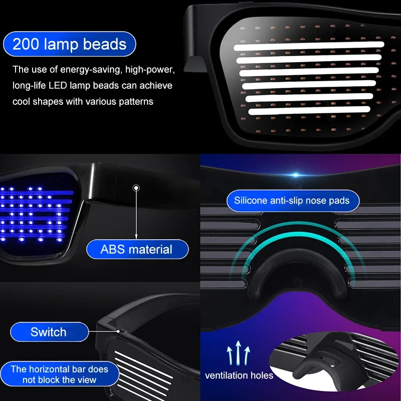 LED Light Bluetooth LED Glasses DIY Multilingual Text Graffiti RGBW/RED/Green Color for Halloween Party Rave Music Festival Glow Glasses