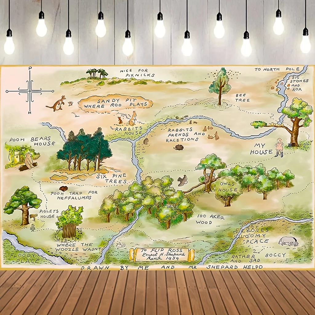 Ein handgezeichnetes Hintergrundtuch einer 100-Mm-Waldkarte, einem Hintergrund des Waldtierens Winnie the Pooh und einer Geburtstagsfeier