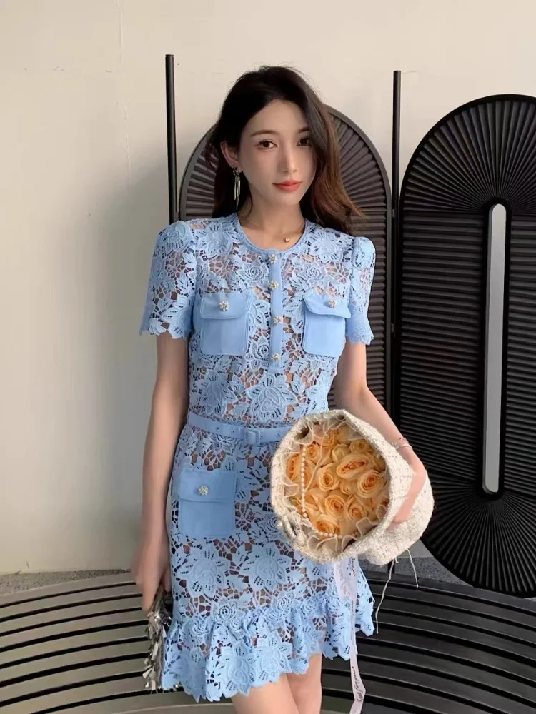 SMTHMA Light Blue Lace Hollow Out Slim Summer Dress Women 