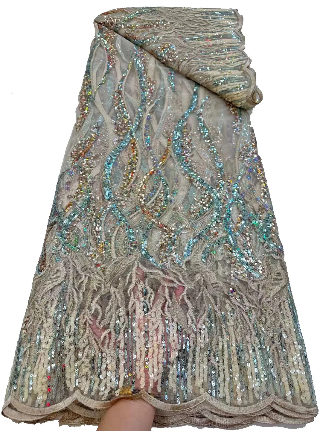 

Новинка, вышитые разноцветные бисерные кружева, высококачественные волнистые градиентные полоски для вечернего платья