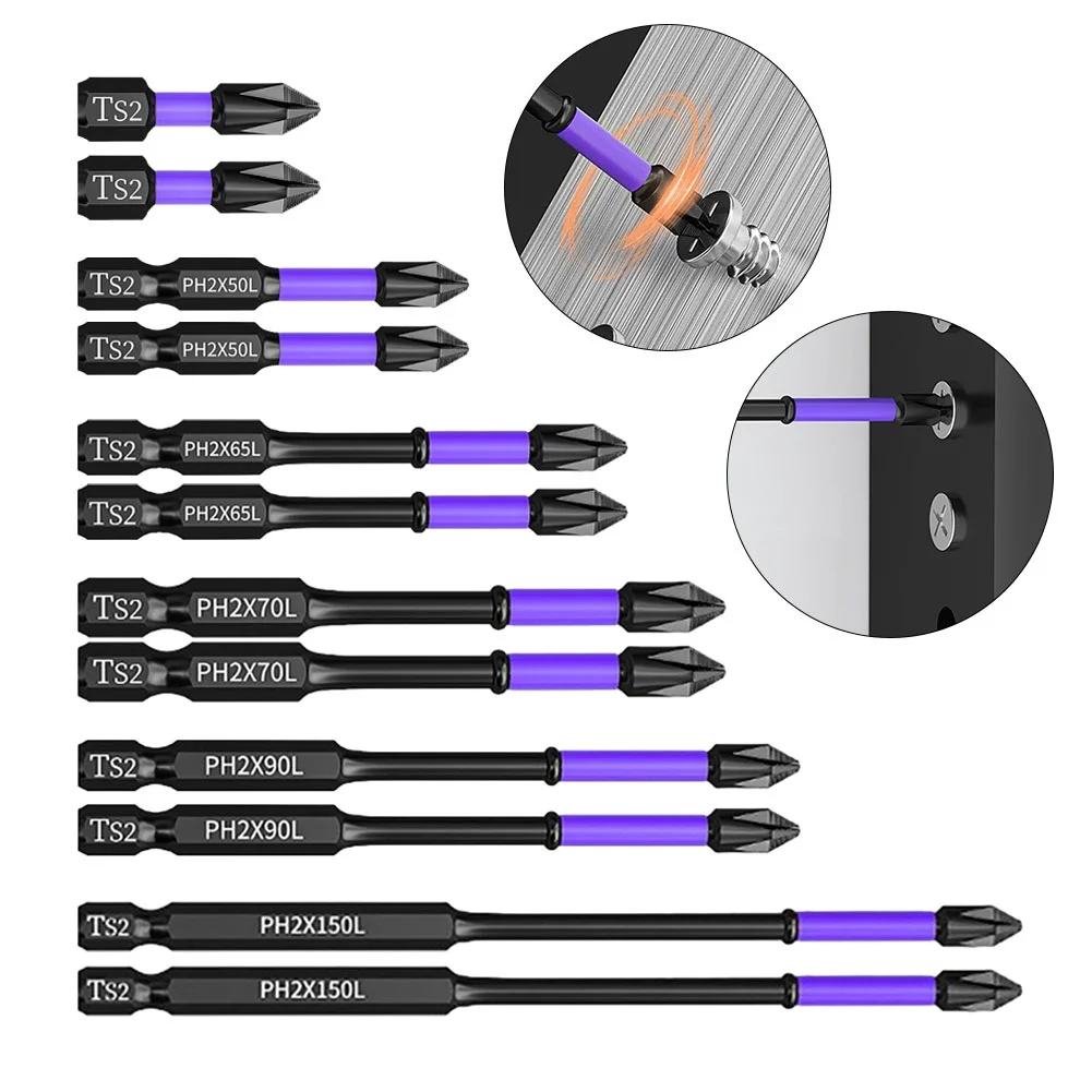 

2pcs PH2 Magnetic Batch Head Cross Screwdriver Hardness Impact Drill Bit 25/50/65/70/90/150mm Non-Slip Screwdriver Bits