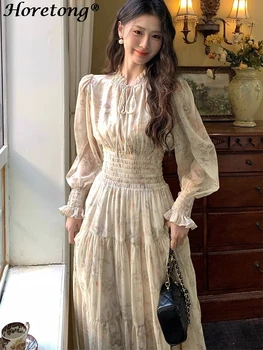 Horetong French Floral Chiffon Dress Women Long Puff Sleeve Autumn A-line Dresses Elastic High Waist Elegant Princess Dress New 1