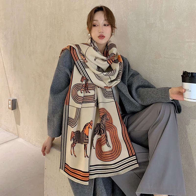 

New Winter Cashmere Scarf Women Horse Shawls Fashion Pashmina Thick Warm Wraps Female Geometric Print Blanket