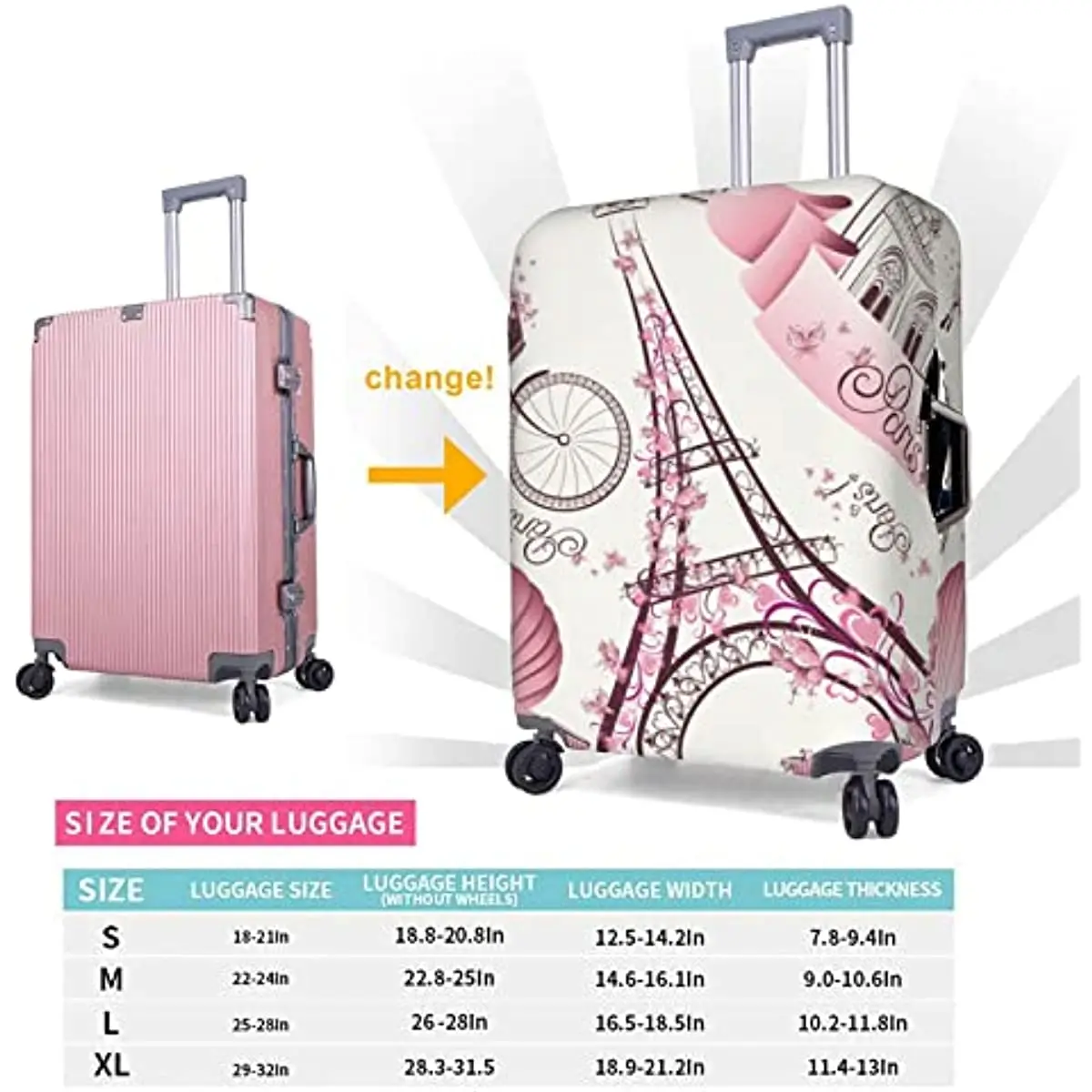 Eiffel Paris Tower With Pink Flowers Suitcase Cover Travel Luggage Protector Cover Fits 18-32 Inch Suitcase 5