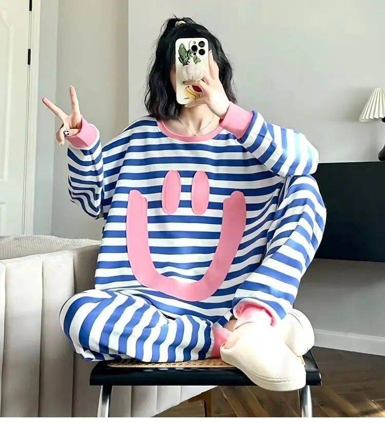 Neue Pyjamas für Damen, modisch gestreift, langärmelig, Hosen-Sets aus Baumwolle, Frühling/Herbst, Hausanzug für Frauen, lockere Schlafanzüge – Detail 2