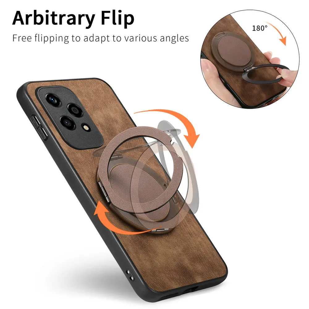 Leather Back Panel Phone Case with Magnetic Ring Holder, Enhanced Protection