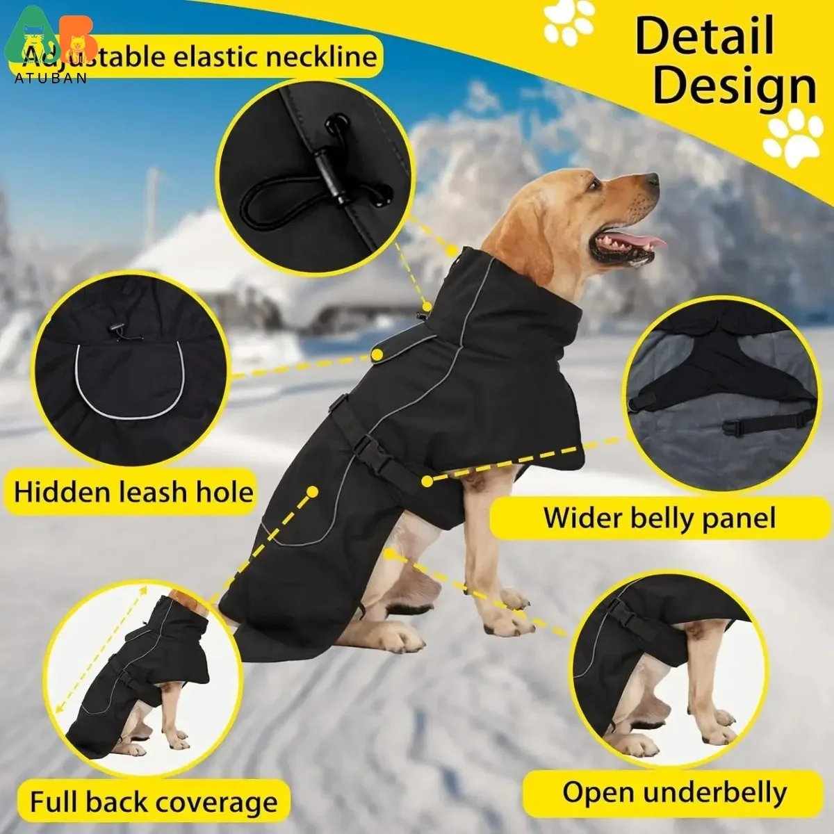 ATUBAN Dog Jacket Waterproof Dog Raincoat Cold Weather Reflective Jacket with Soft Fleece Lining Warm Outerwear for Pet Outdoors view 4