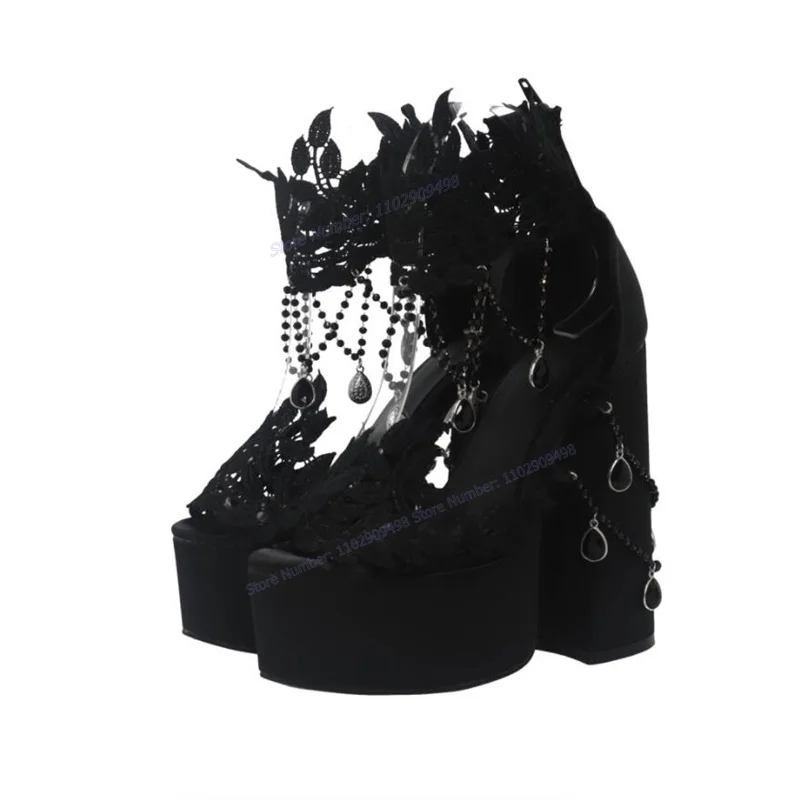 Black Crystal Decor Platform Sandals Pointed Open Toe Shoes for Women Chunky High Heels Gothic Shoes 2023 Zapatos Para Mujere