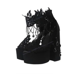 Black Crystal Decor Platform Sandals Pointed Open Toe Shoes for Women Chunky High Heels Gothic Shoes 2023 Zapatos Para Mujere