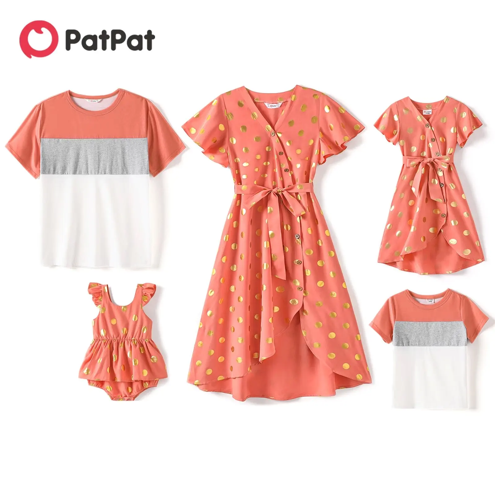 PatPat Family Matching Mother And Daughter Dresses for Mom And Me Dots V Neck Ruffle-sleeve Dress and T-shirts Sets Family Look