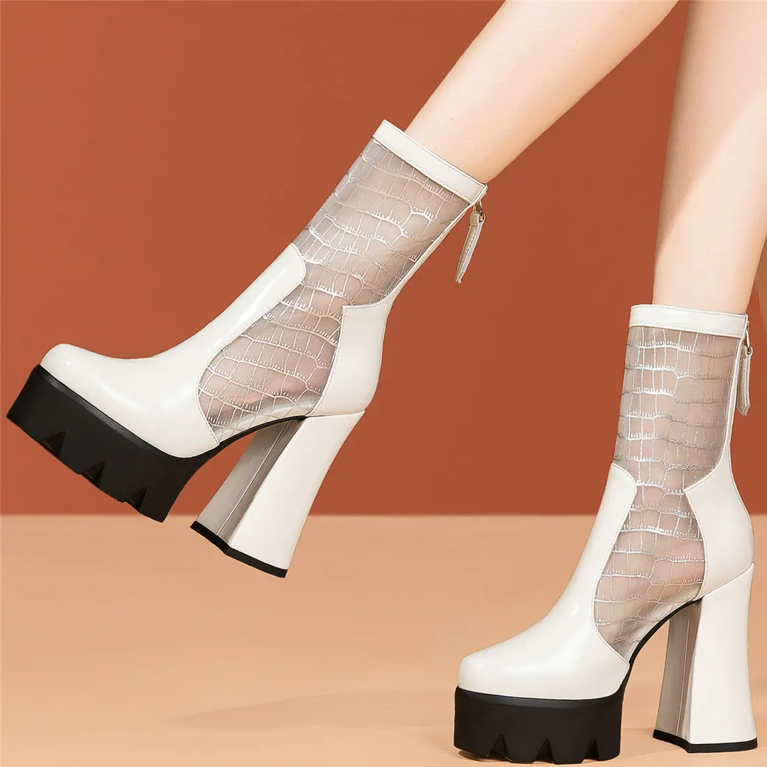 

Summer High Top Motorcycle Boots Women Genuine Leather High Heel Pumps Female Round Toe Platform Gladiator Sandals Casual Shoes