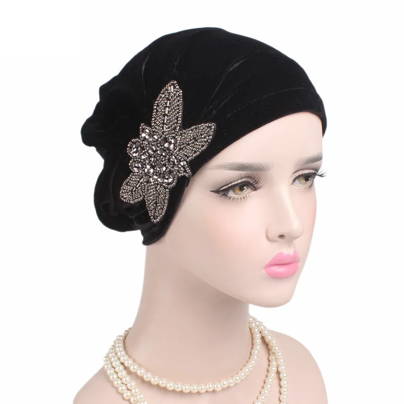 New Women's Elegant Velvet turban beanie with beaded flower Hat Bonnet Cancer Chemo CapMuslim Under Hijab Cap Ladies Bandanas 4
