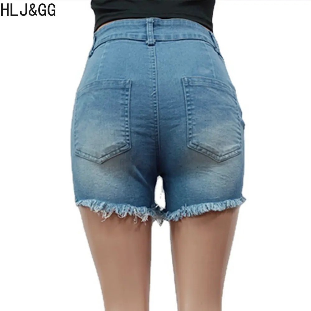 HLJ&GG Summer New Button Tassel Denim Shorts Women High Waisted Elasticity Bottoms Blue Female Solid Color Matching Clothes 2023