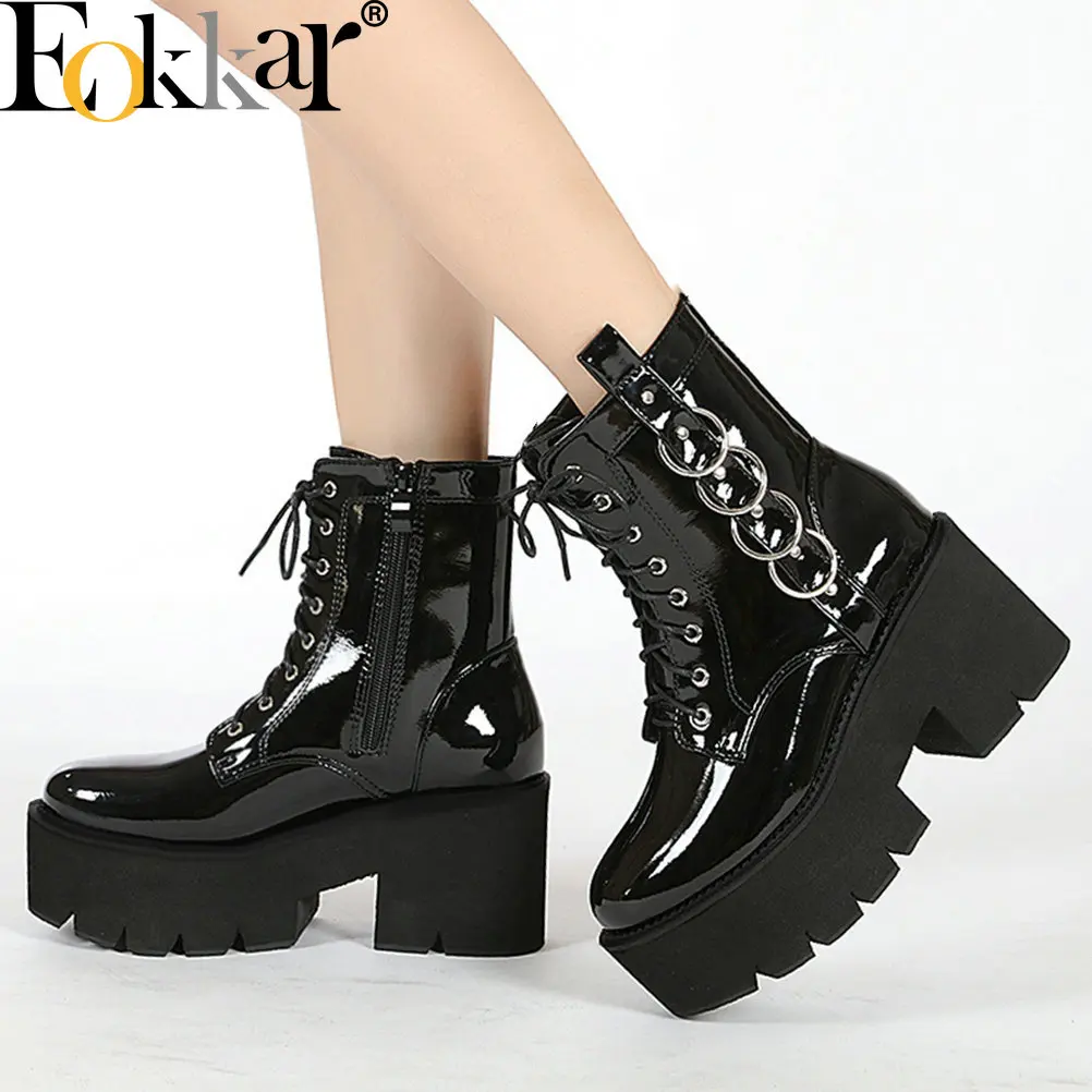 

EOKKAR Platform Ankle Boots Gothic Chunky High Heel Patent Leather Booties for Women Winter Shoes Punk Boots High Heels Combat