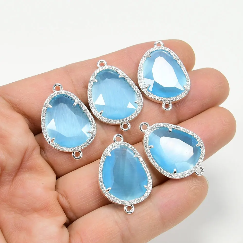 APDGG 5Pcs Blue Cat Eye Crystal CZ Paved Silver Color Connector Double Ring Jewelry Finding DIY