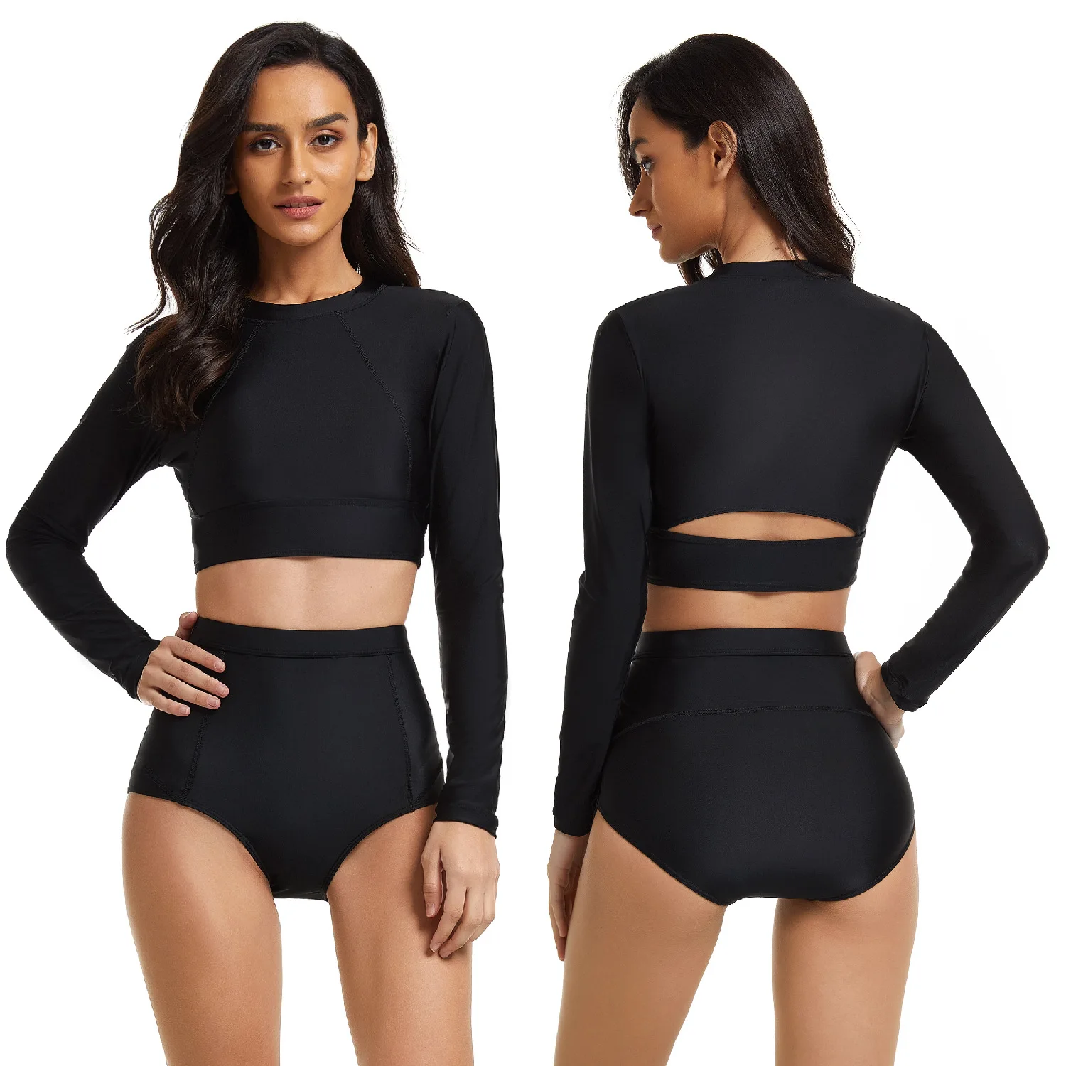 

New Summer Women's 2 Piece Black Surfing Suit Long Sleeve Bathing Suit With Shorts Swimsuit UPF 50