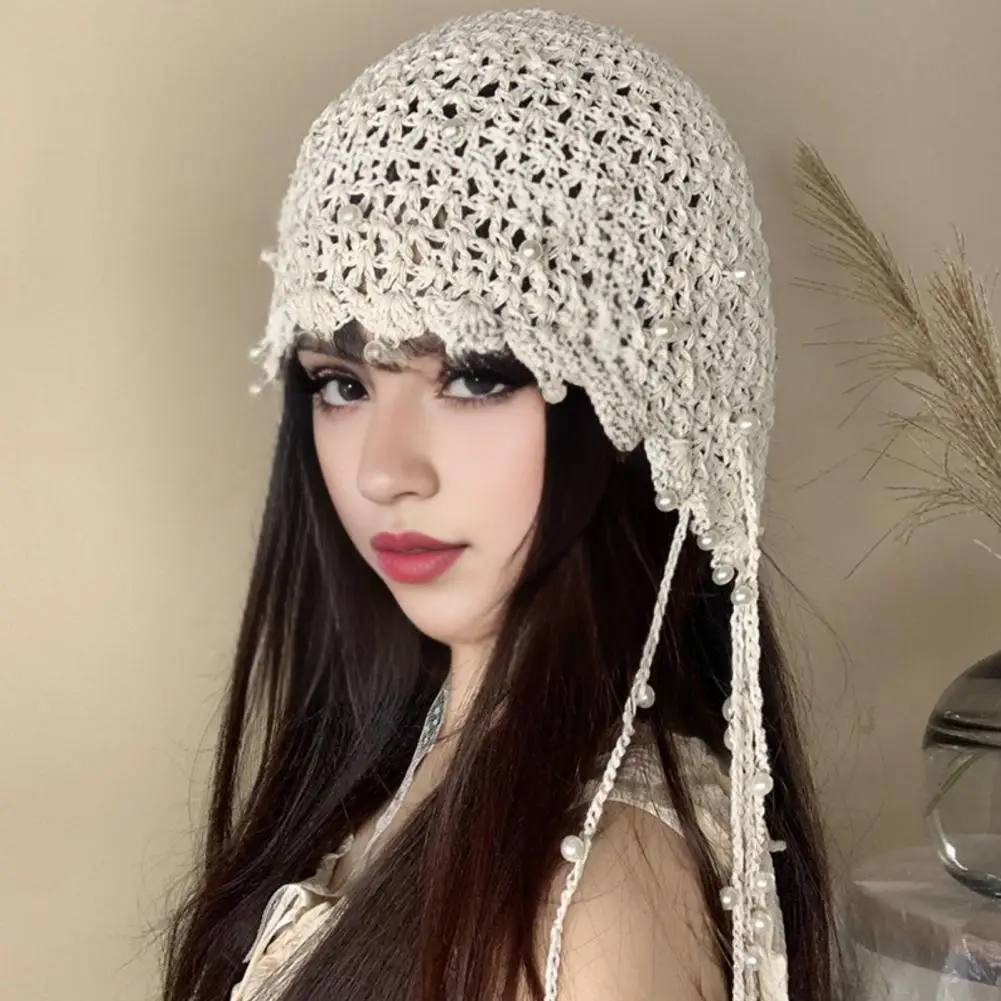 Women Crochet Hat Solid Color Ethnic Style Knitted Hat with Tassel Trim Lace-up Handmade Crochet Hat 3