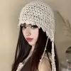 Women Crochet Hat Solid Color Ethnic Style Knitted Hat with Tassel Trim Lace-up Handmade Crochet Hat 3