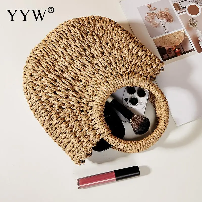 Women Paper Rope Beach Handbag Casual Lady Woven Tote Bag Moon Shaped Top Handle Straw Bags Crossbody Shoulder Purse bolsa femme