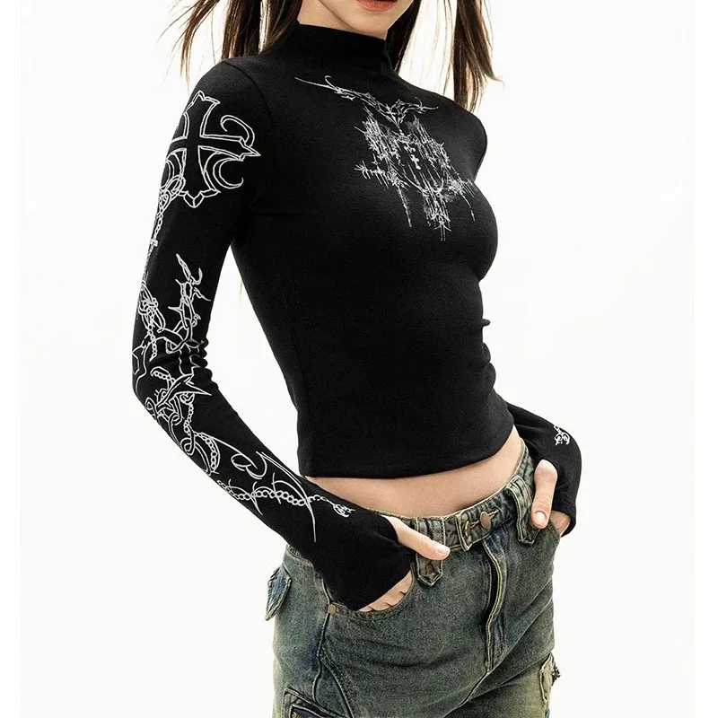 Grunge Women T-Shirt Y2k Aesthetics Half high neck Tees Graphical Print Long Sleeve Sheer Tops Punk Alternative Crop Tops EMO 4