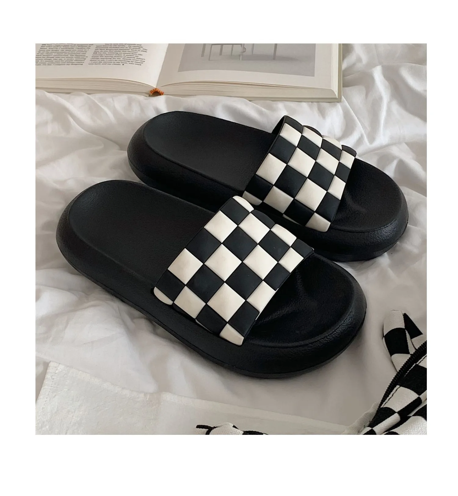 Black White Checkerboard Slippers Summer New Slippers Women Indoor Home Thick-soled Beach Sandals Couple Soft-soled Shoes best indoor shoes for plantar fasciitis