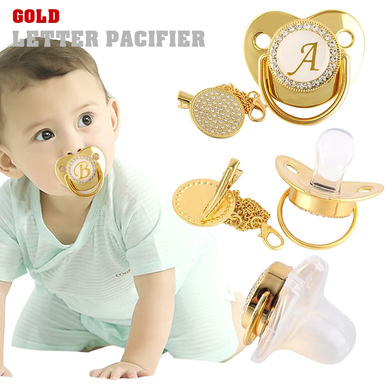 Golden Rhinestone Pacifier Letters 26 Letter Pacifier Baby Pacifier with Dust Cap with Rhinestone Photography Accessory 1