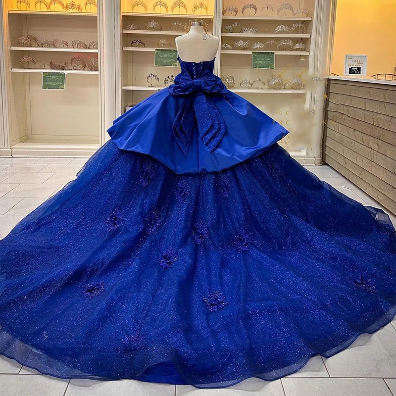 블루 볼 가운 성인식 드레스 아플리케 큰 활로 구슬 장식 Vestido 드 15 Anos 달콤한 16 공주 생일 드레스