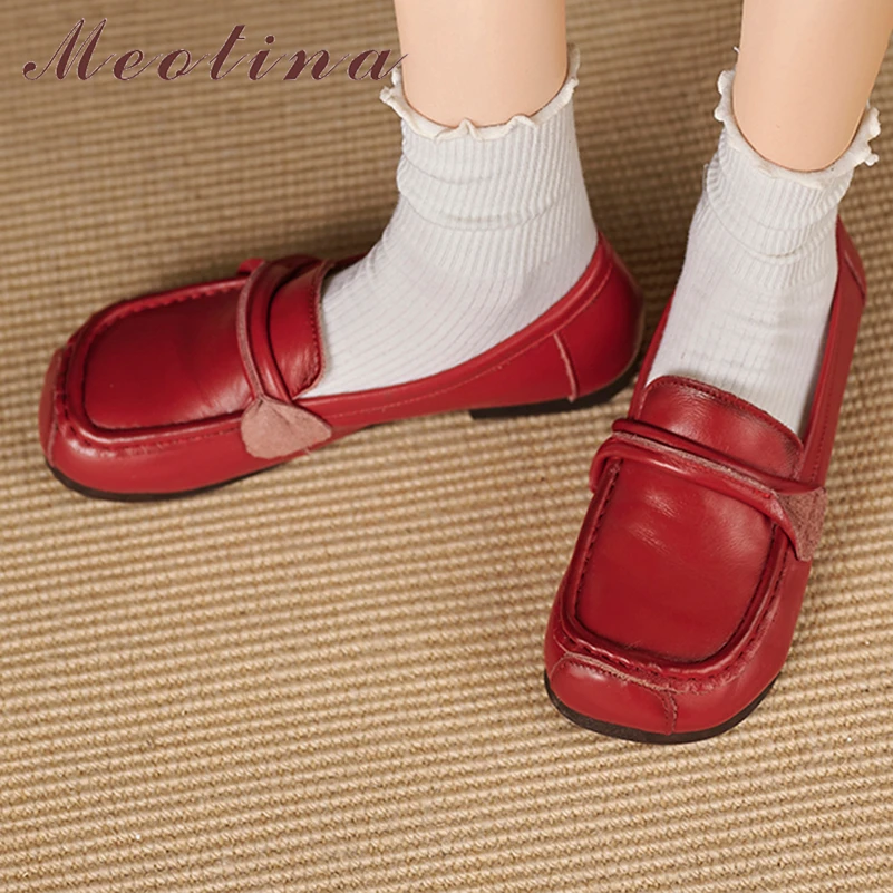 

Meotina Women Genuine Leather Loafers Round Toe Flats Concise Brand Design Ladies Fashion Casual Shoes Spring Autumn Red Black