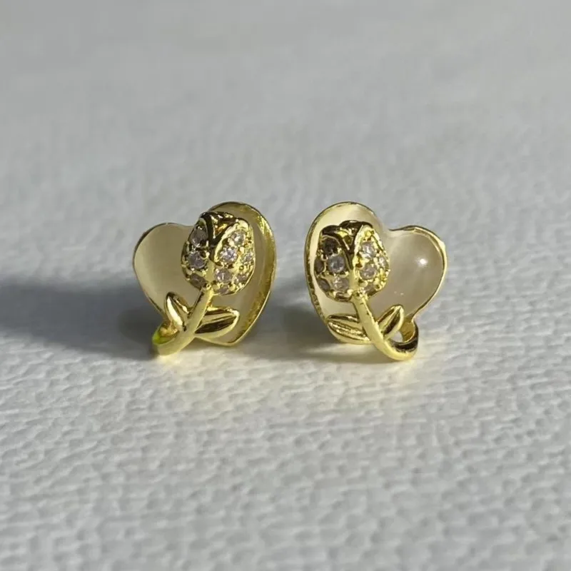 Gold Color Tulip Cat's Eye Stone Heart Stud Earrings for Women 2024 New Arrival Sweet Zircon Earring Jewelry Gifts