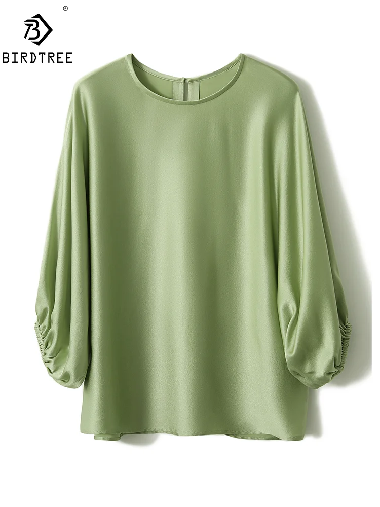 

100% шелковая рубашка BirdTree с рукавом летучая мышь, женская рубашка из крепа с круглым вырезом, элегантные офисные свободные блузки, Новинка лета 2024, T46160QM