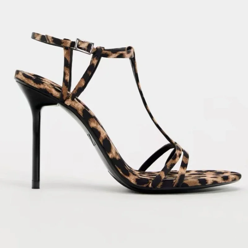 Sexy Leopard Print High Heels 2024 Summer Open Toe Sandals Lady