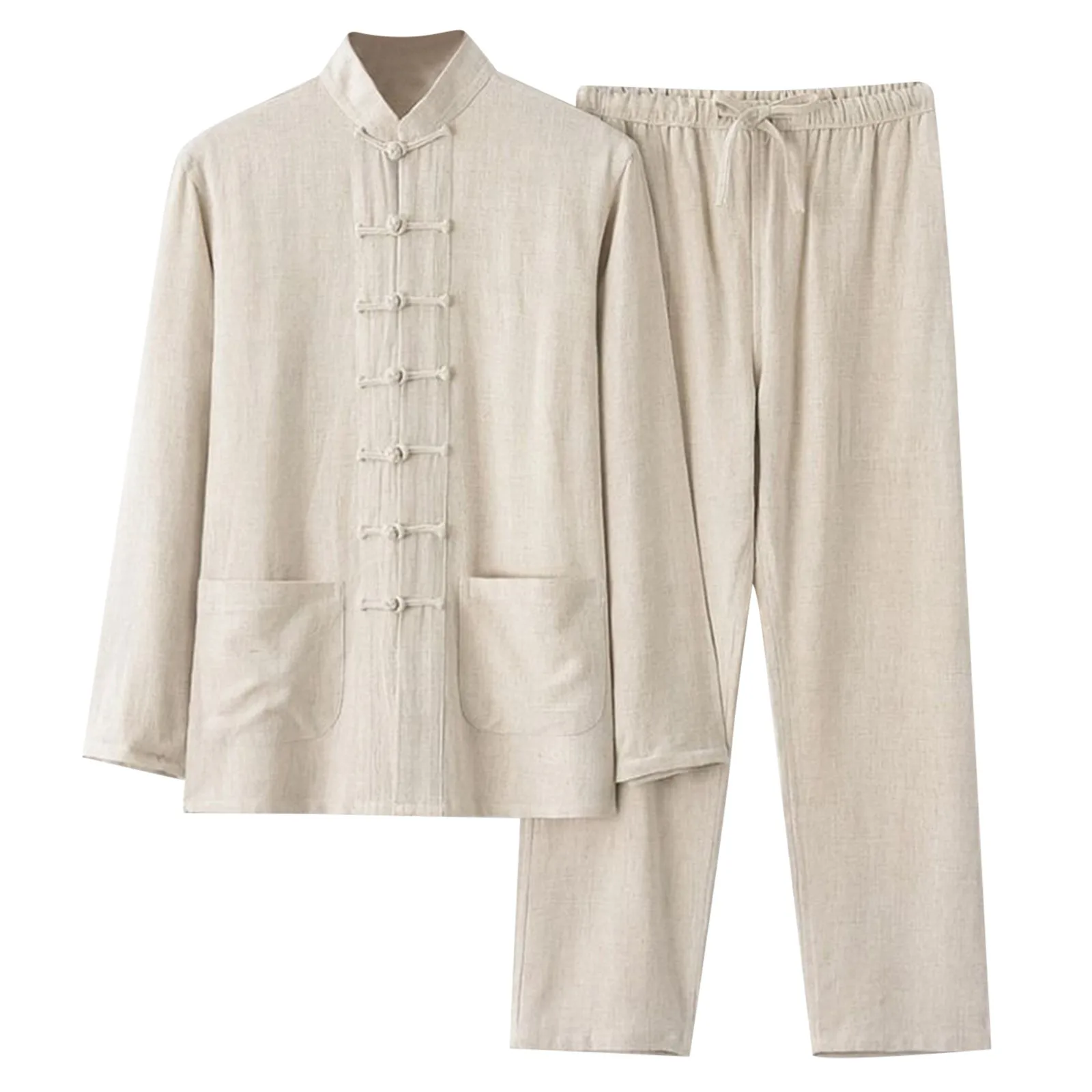 Autumn Winter Men's Chinese Style 2 Piece Pajama Set Cotton And Linen Shirt And Pant Set Men Sleepwear Tai Chi Tang Suit