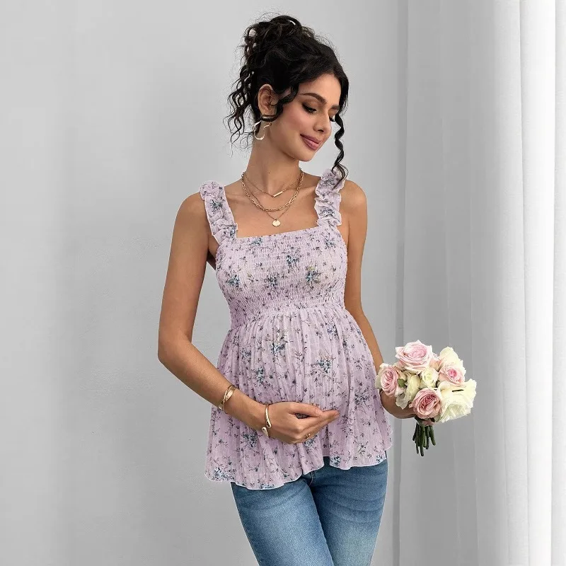 Maternity Clothing Spring and Summer New Printed Suspenders Maternity Top Square Collar A Word Maternity Vest Pregnancy Shirt - 4