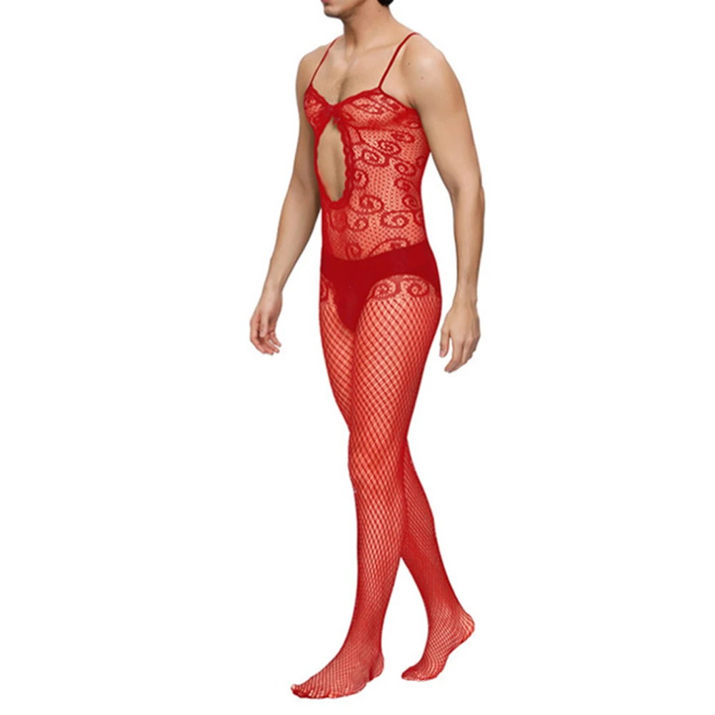 

Men Sissy Jumpsuit Fishnet Lace Body Stockings Ultra-thin Transparent Pantyhose Hollow Out Tights Underwear Mesh Erotic Wear