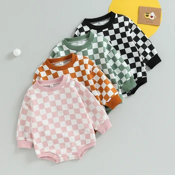 Baby Boy Girl Checkered Sweatshirt Bodysuits Oversized Long Sleeve Bubble Romper Jumpsuits Tops Neutral Baby Fall Clothes 1