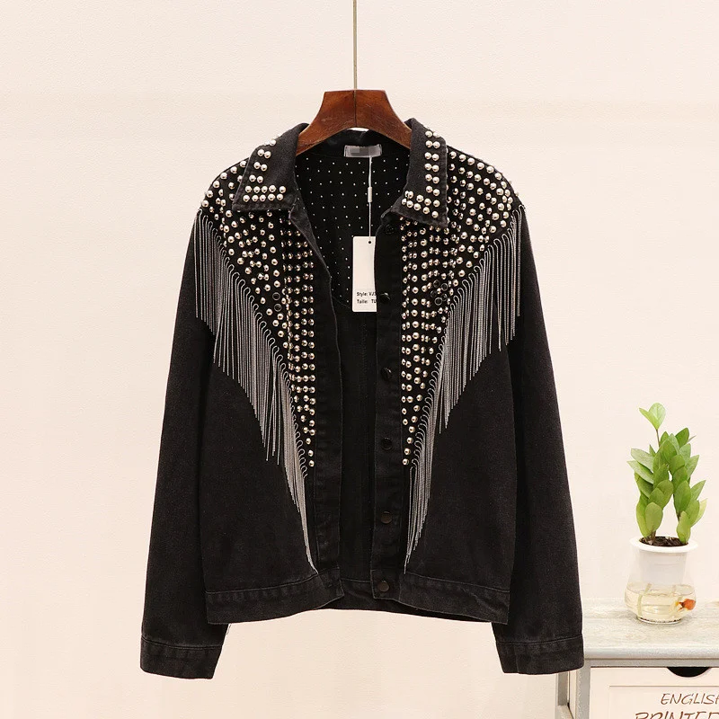 

2020 Autumn Streetwear Denim Jacket Women Hand-studded Rivet Tassel Chain Short Jeans Jacket Loose Vintage Casual Black Coats